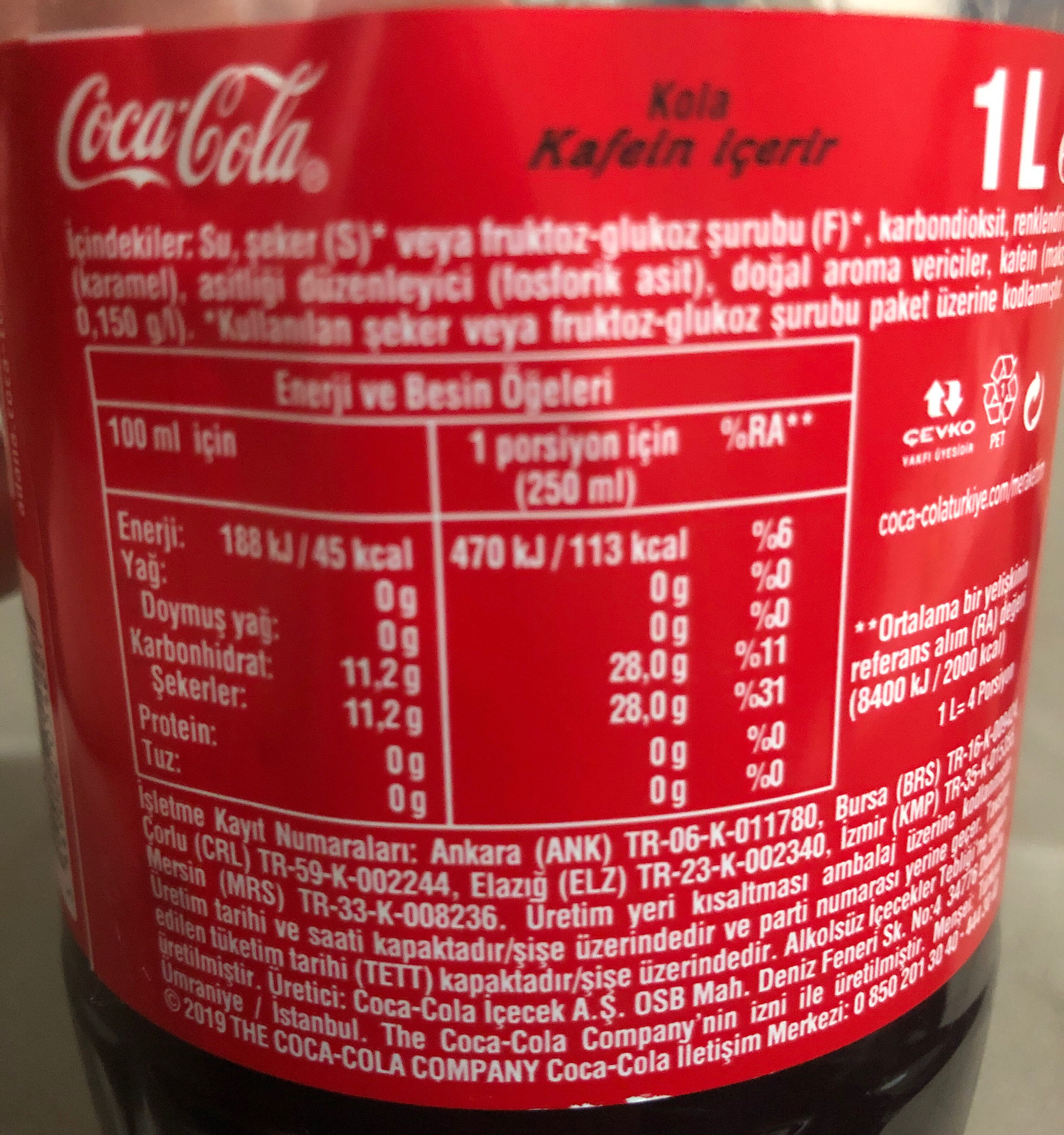 Coca cola 1 litre - İçindekiler - tr